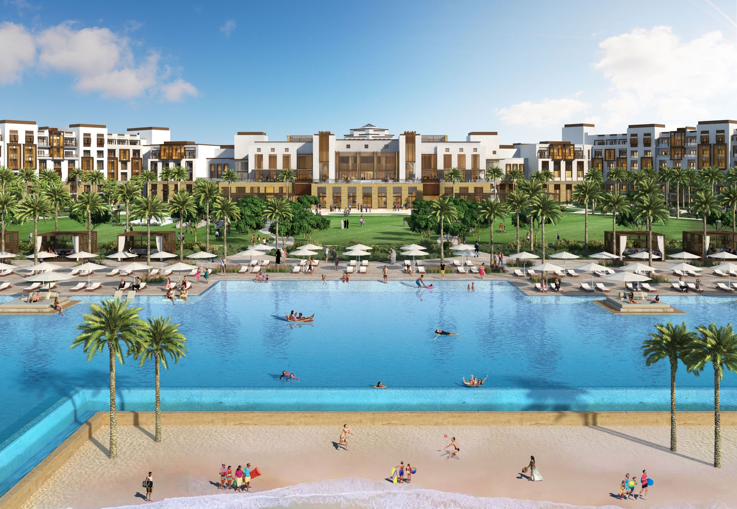 The new Rixos Murjana, the Kingdom's largest all-inclusive resort, spanning a private beach, large infinity pool, lush gardens, and the main hotel with hijazi architecture.